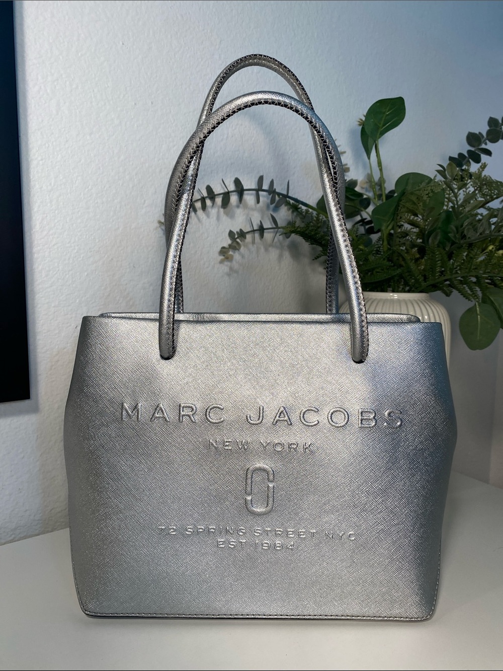 Marc Jacobs Silver Metallic Saffiano Leather Tote Bag Small